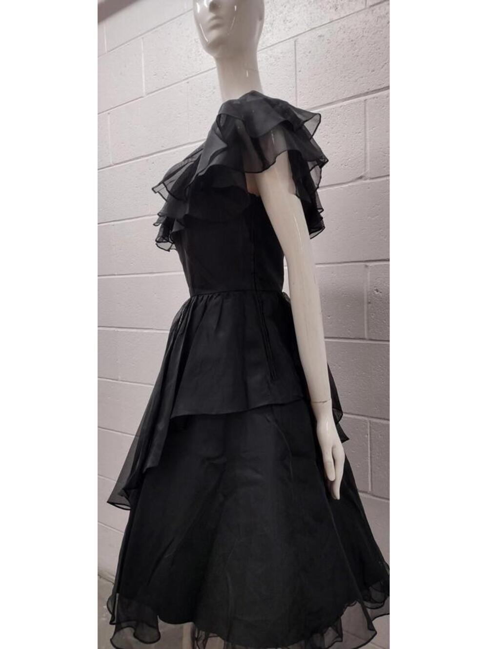 Vintage Off The Shoulder Black Sheer Disco Dress Belted Early 1980s SAMIR Size S - Picture 16 of 16